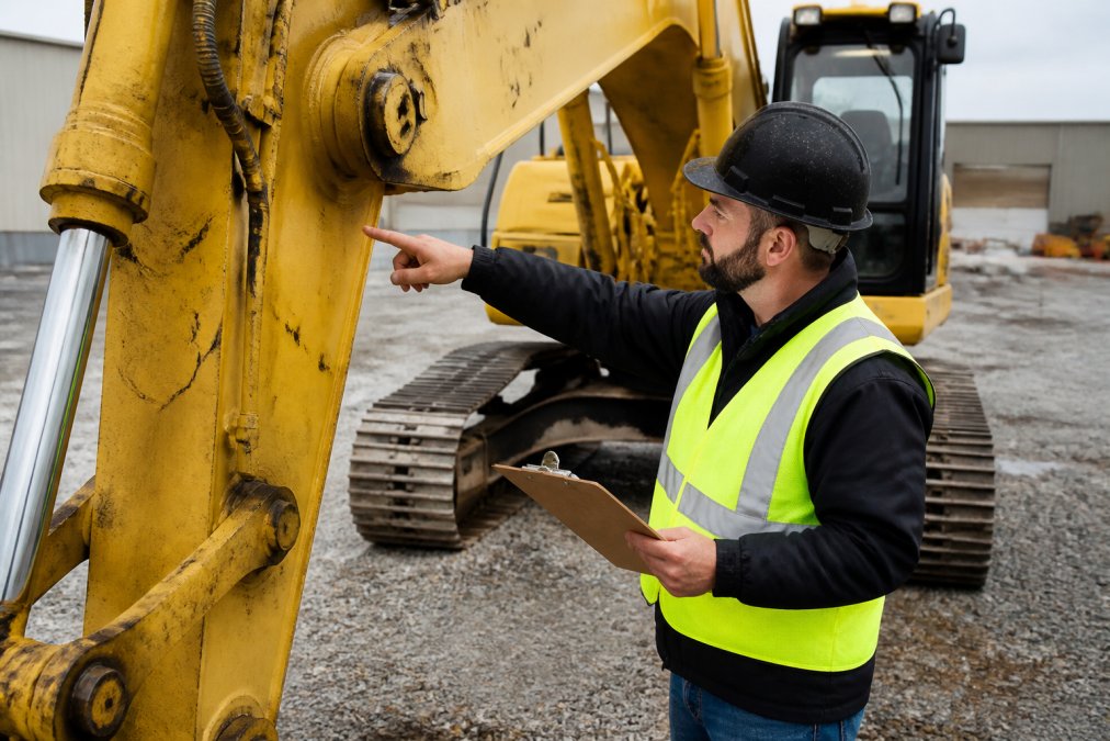 Professional inspector examining excavator boom and stick for weld seams and structural integrity, pointing to inspection points with clipboard in natural daylight
