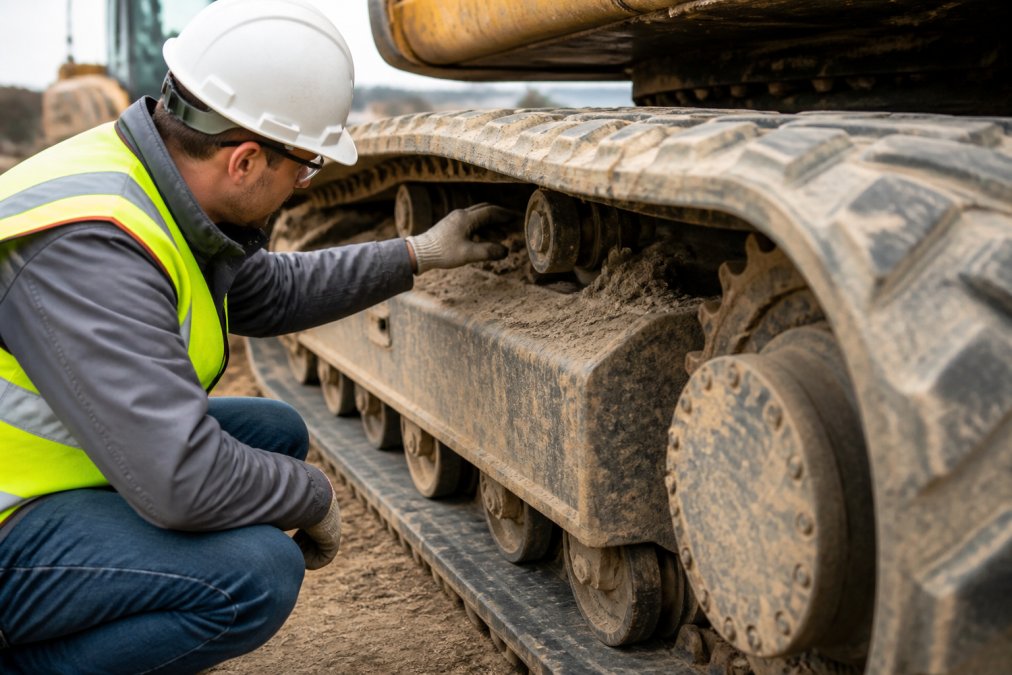 Close-up of excavator rubber tracks showing wear patterns, with inspector examining rollers, idlers, and sprocket teeth for damage and wear