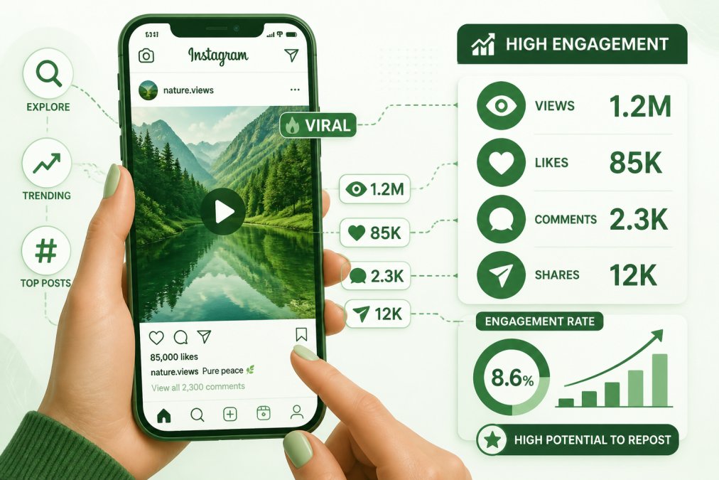 Close-up of hands holding smartphone with Instagram feed displayed, showing high-engagement viral content and engagement metrics visible on screen