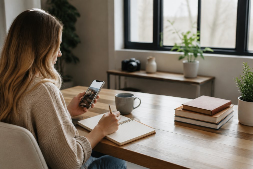 Woman working on smartphone at home desk in natural lighting, checking Instagram content and taking notes on her reposting strategy and caption optimization