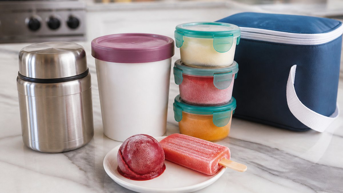 Four insulated containers with sorbet and a paleta arranged on a marble kitchen counter for serving frozen desserts