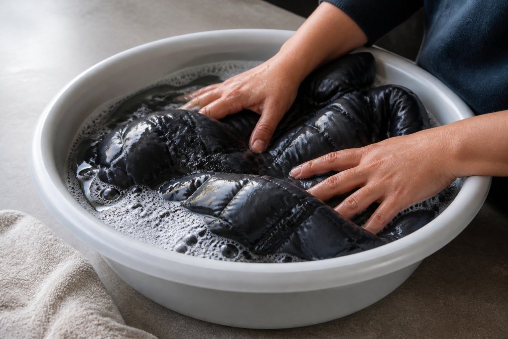 Hands gently washing a puffer jacket in a basin of lukewarm water with mild detergent, showing proper cleaning technique without harsh scrubbing