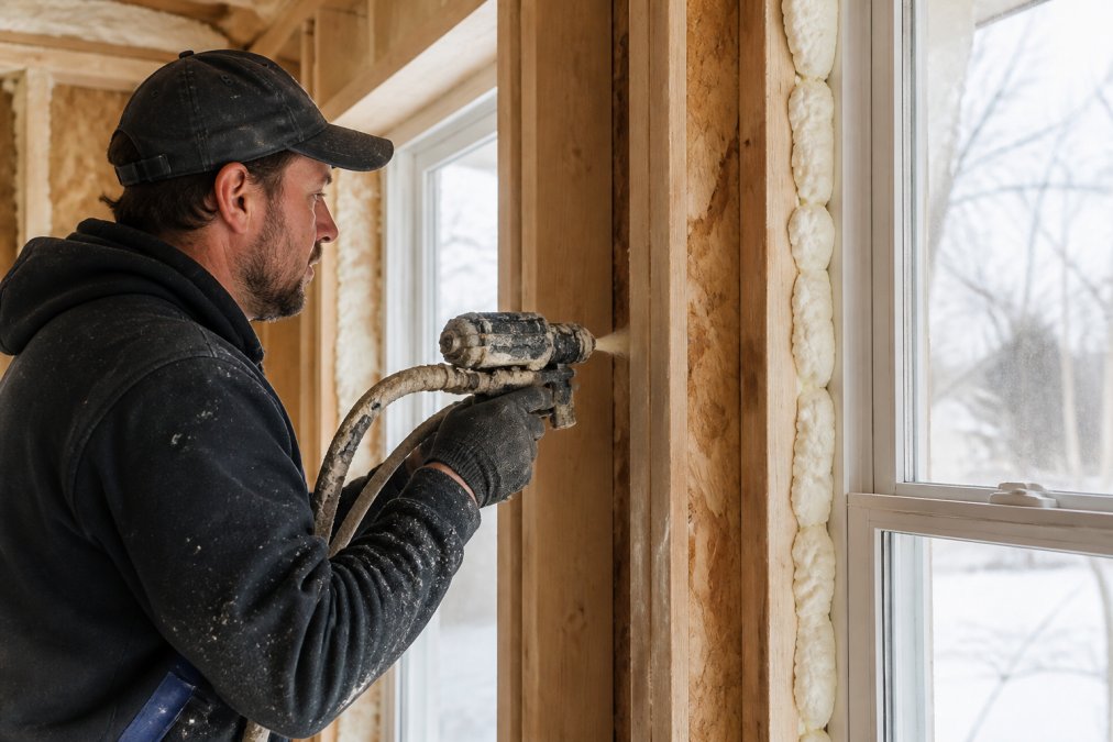 Contractor using expanding spray foam sealant around window frame and door openings to seal air gaps and penetrations in cold climate home addition framing, with foam expanding and filling cavities