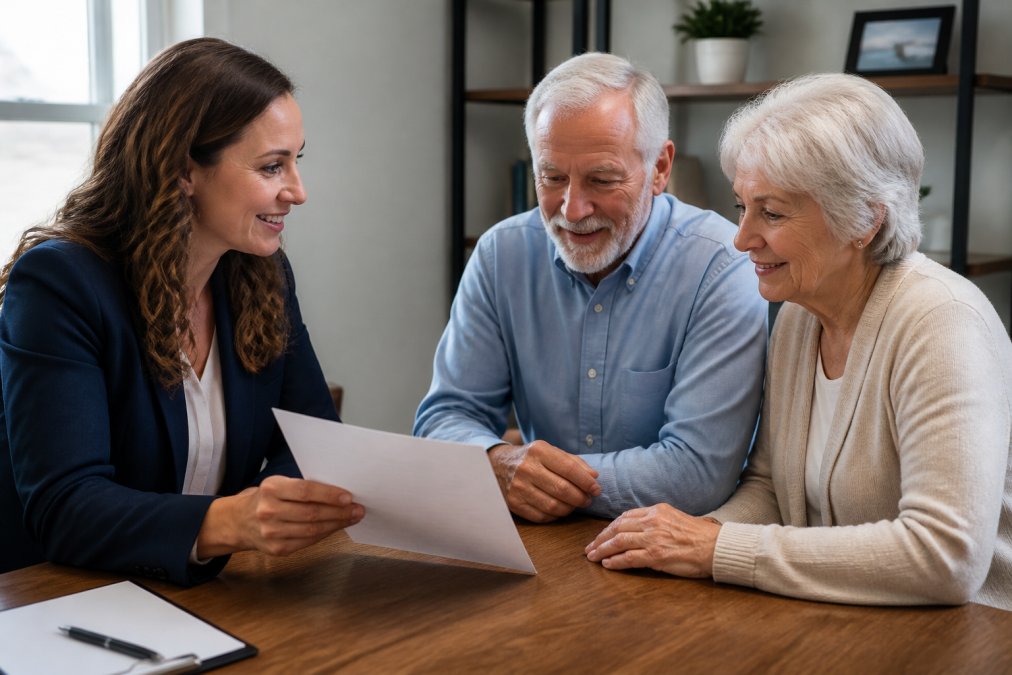 A friendly female insurance agent in a professional blazer sitting across a desk from a senior couple, reviewing a coverage document together in a warm, naturally lit office