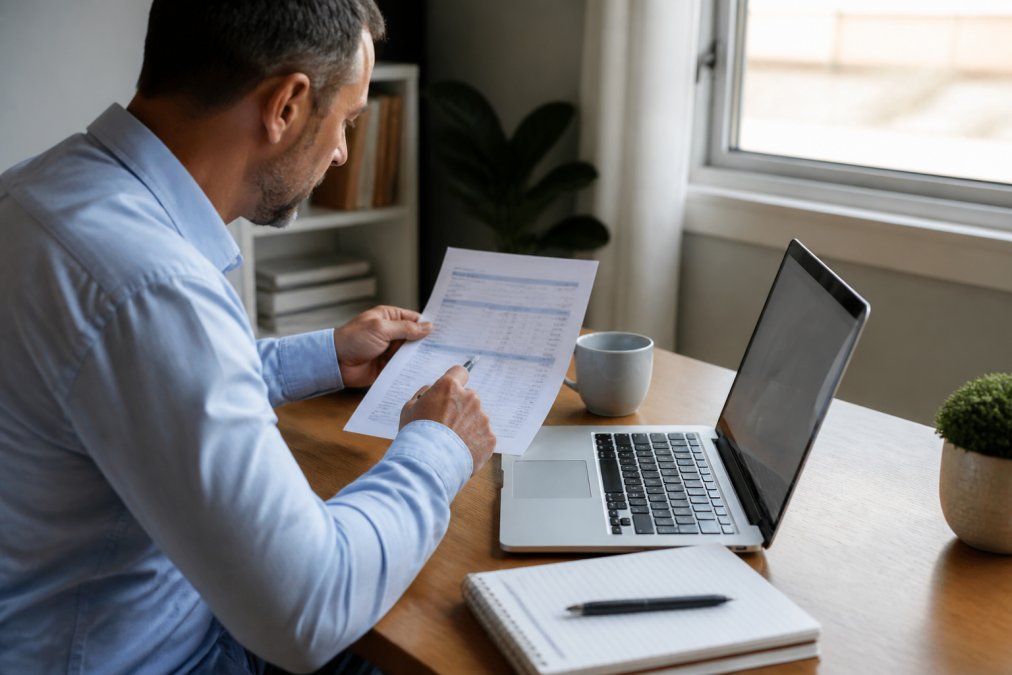 Person sitting at desk with laptop and paperwork, comparing insurance quotes on screen with notepad and pen nearby, natural office lighting