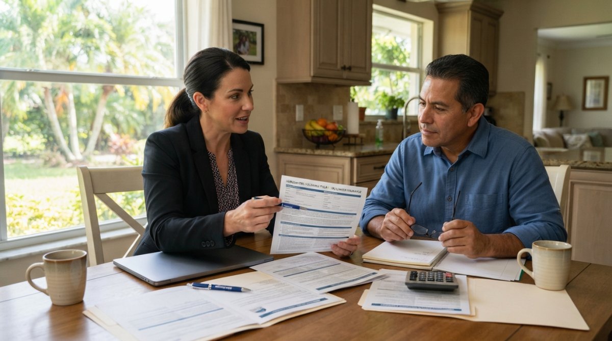Professional insurance agent meeting with homeowner at kitchen table, reviewing policy documents and discussing coverage options with natural lighting