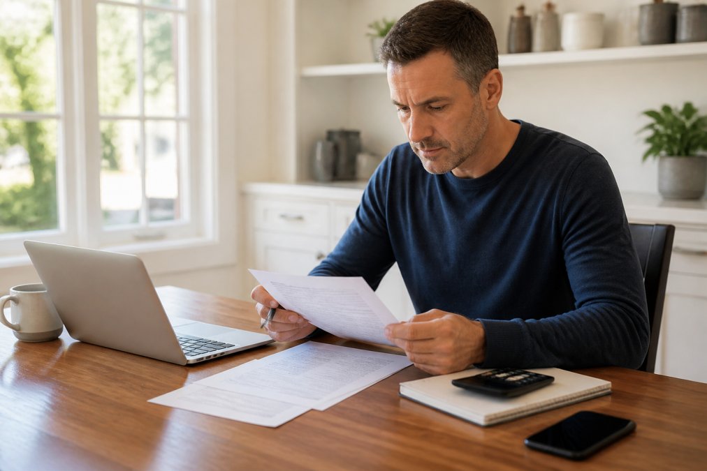 Homeowner sitting at a wooden desk with a laptop and insurance paperwork spread out, reviewing bundled policy quotes with a focused expression, natural morning light from a window
