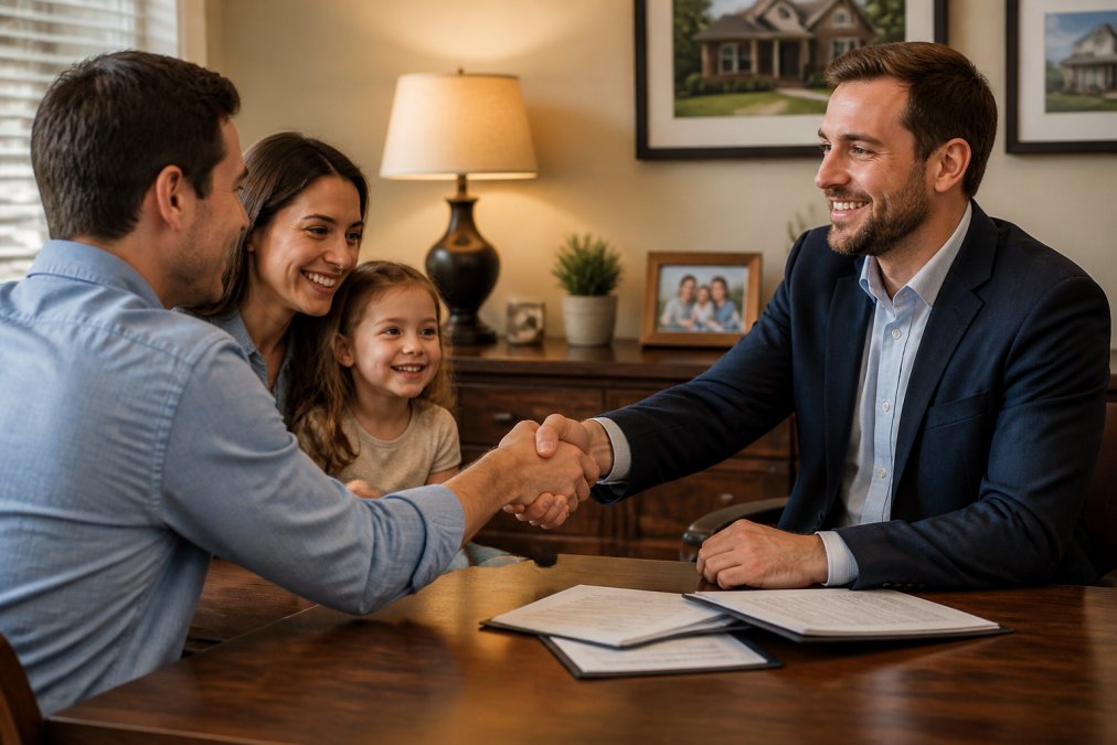 Insurance agent and client shaking hands in a professional office setting with family photos on the wall, warm lighting from desk lamp