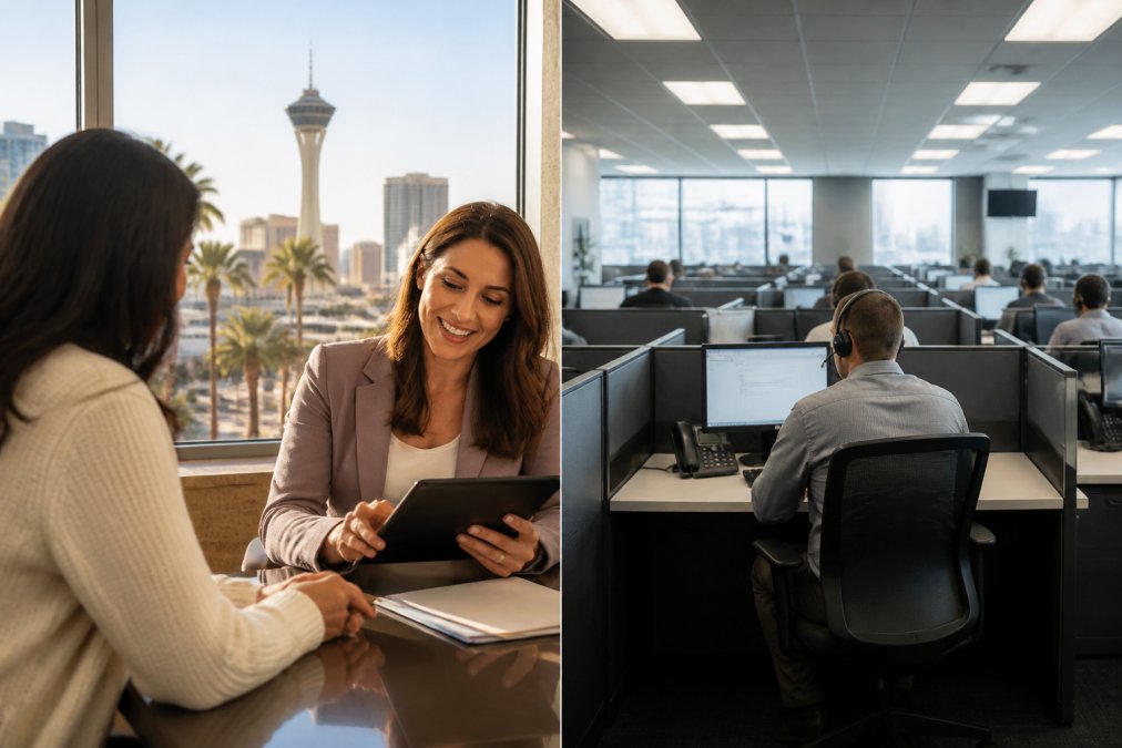 Friendly local insurance agent reviewing policies with a client in a bright Las Vegas office for best insurance company in