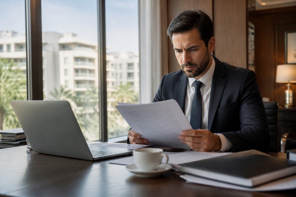 Hotel manager reviewing insurance policy documents at a modern office desk with laptop and coffee, natural window lighting