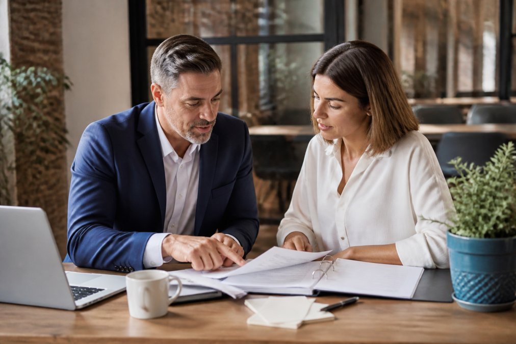 Insurance agent and hospitality business owner discussing policy details at office desk with documents and laptop, professional setting with natural lighting