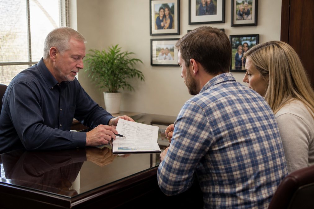 An insurance agent sitting across a desk from a couple, reviewing policy documents together in a bright, welcoming office with family photos on the wall