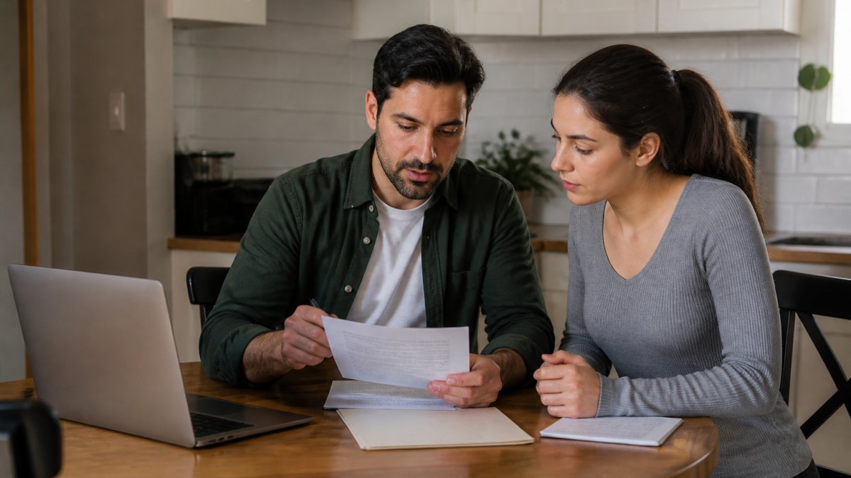 A landlord and tenant reviewing a rental lease agreement at a kitchen table in a bright apartment, with a laptop and documents visible