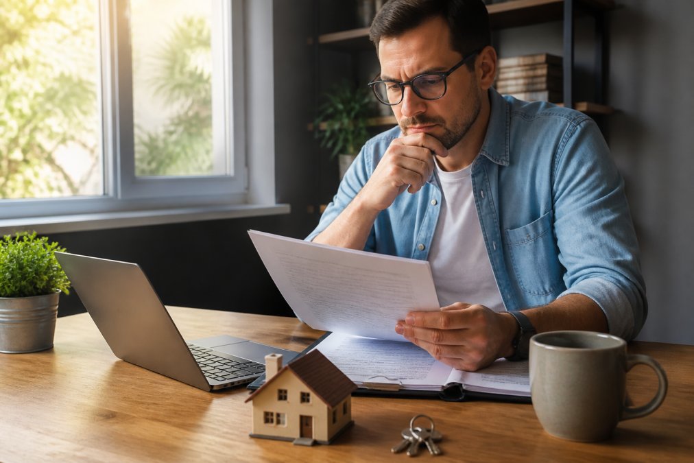 A landlord in a home office reviewing insurance documents at a wooden desk, laptop open to a quote comparison, rental property keys and a small model house beside a coffee mug, warm afternoon light through a window