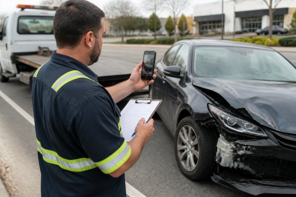 Tow truck driver documenting vehicle damage with smartphone camera at accident scene, clipboard and pen visible on hood, natural daylight