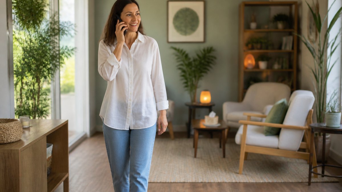 Mental health counselor and client in a warm, welcoming therapy office with natural light streaming through windows, comfortable seating, and a calm environment during a counseling session