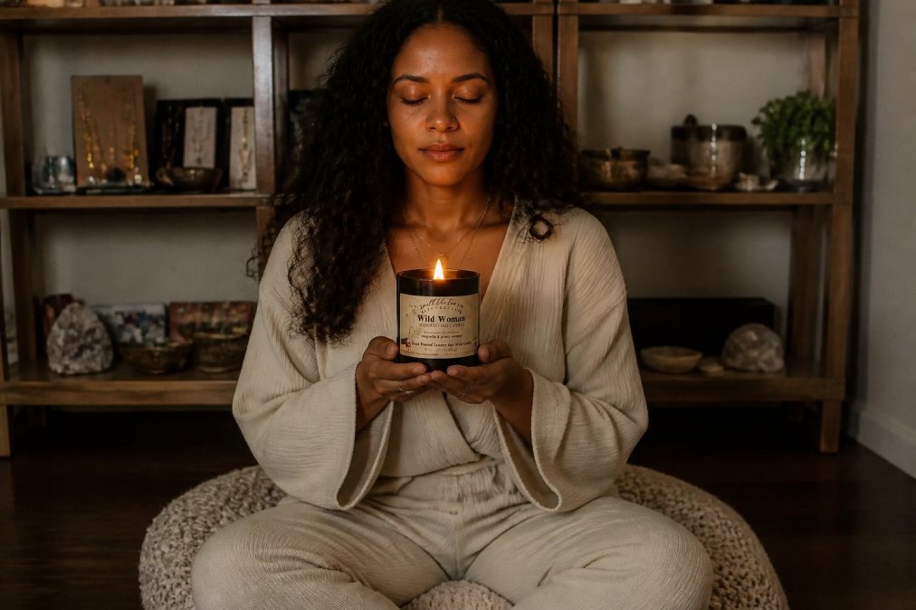 A woman sitting cross-legged on a cozy meditation cushion, holding a lit intention candle in front of her, eyes closed in peaceful concentration, soft candlelight illuminating her face