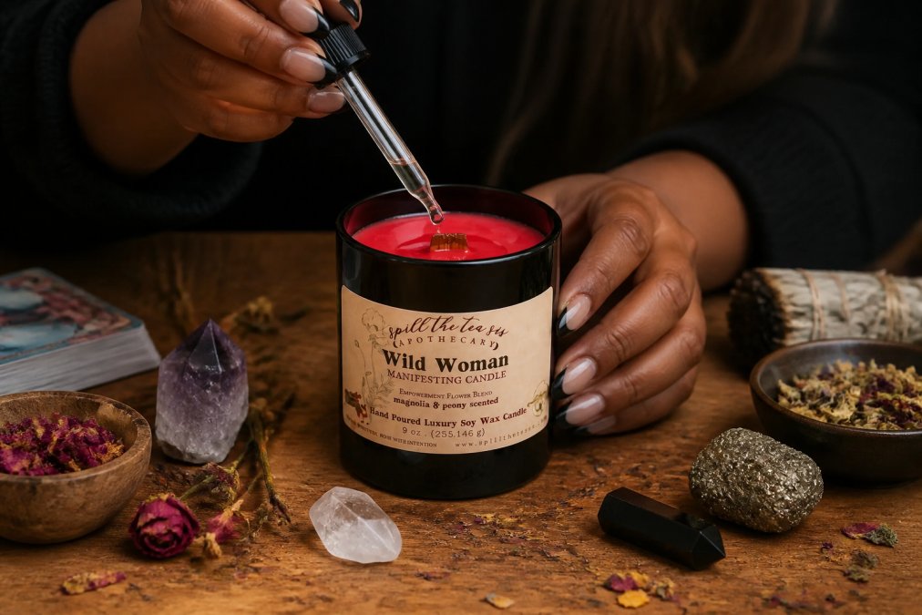 Hands anointing a candle with essential oils, surrounded by crystals, herbs, and ritual items on a wooden altar surface