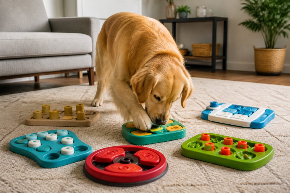 Golden retriever actively engaged with multiple puzzle toys spread across a living room floor, showing different types of interactive toys in use
