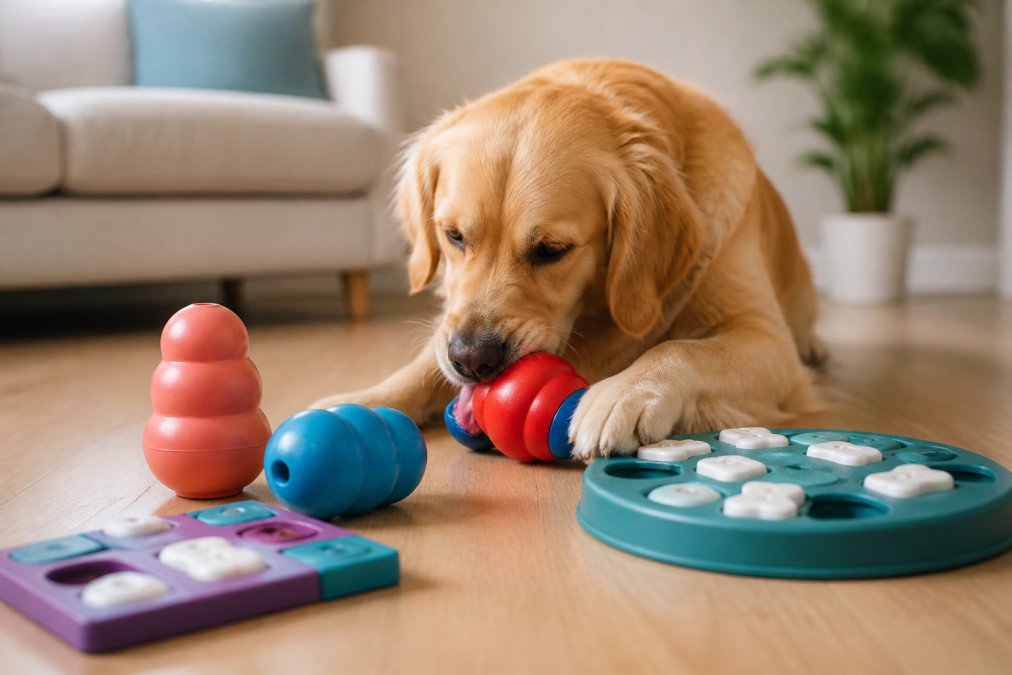 Golden retriever playing with colorful KONG toys and puzzle toys spread across a bright living room floor, dog mid-play with focused expression