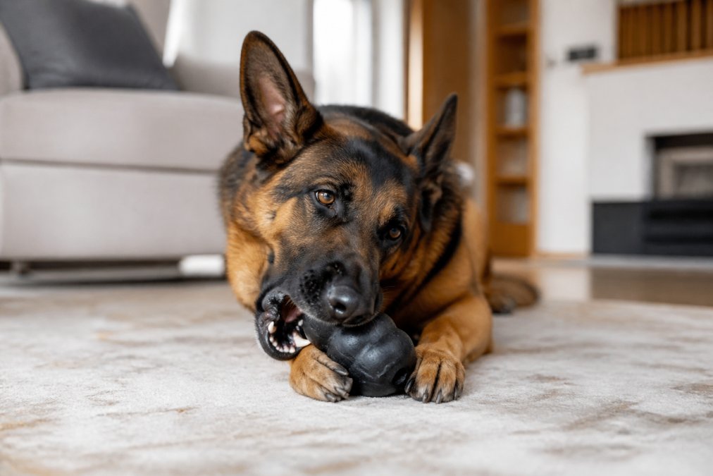Strong German Shepherd dog enthusiastically chewing on a thick black durable rubber toy in a bright living room, muscles tensed in focused chewing