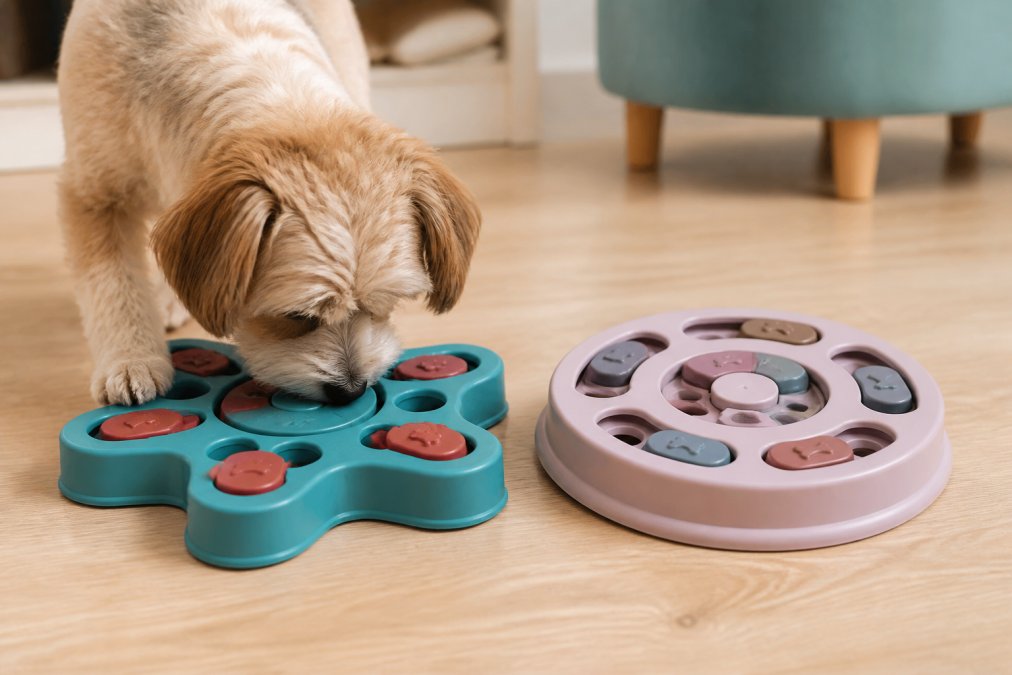 Small dog actively engaging with puzzle feeder toy, nose and paws working to solve compartments with treats visible inside, natural home lighting