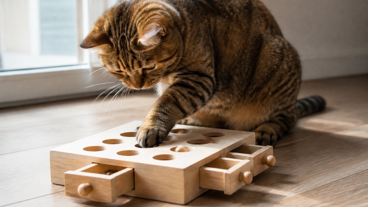 Tabby cat with paws actively engaged with a puzzle toy mechanism, focused concentration on face, natural window lighting illuminating the play session