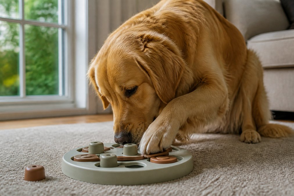 A golden retriever intensely focused on a puzzle toy, nose and paws working to extract treats from hidden compartments, natural daylight streaming through a window