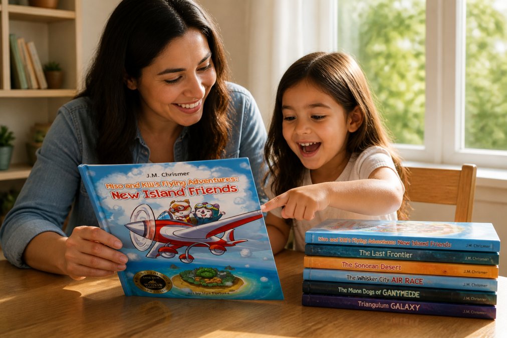 Parent and 6-year-old child sitting together at a wooden table reading an interactive picture book, the child pointing at colorful illustrations with genuine delight, natural sunlight streaming through a nearby window