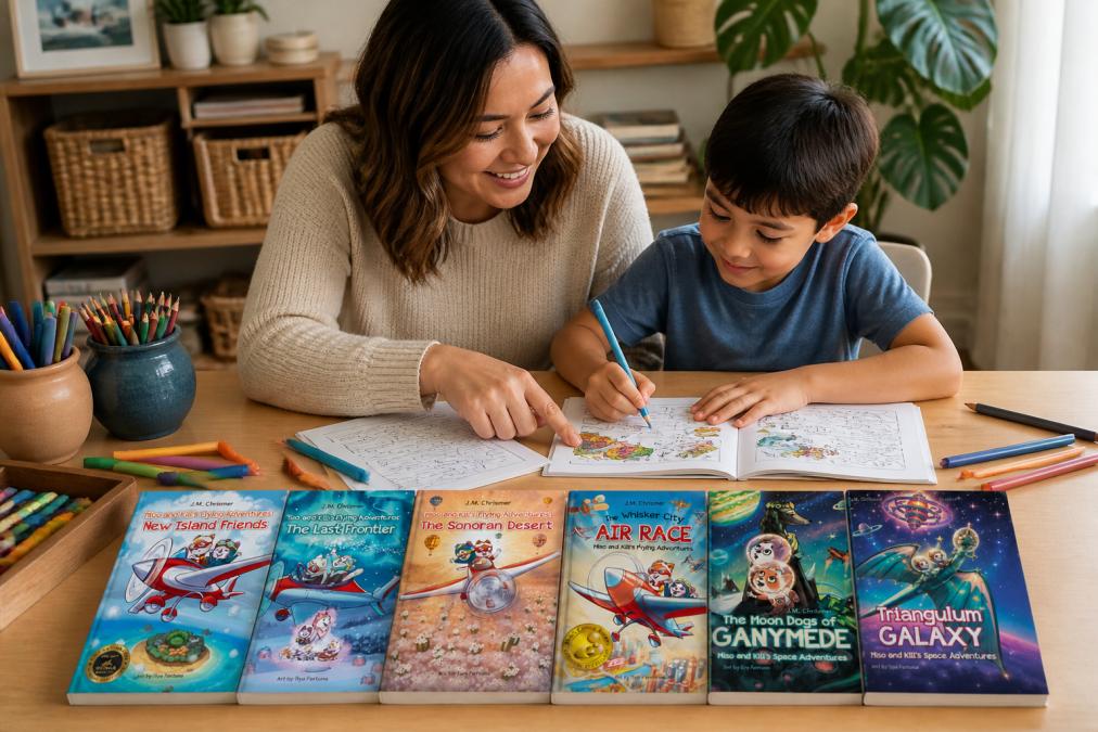 Parent and child sitting together at a table surrounded by coloring supplies, activity books, and markers, the child actively coloring a scene from an interactive story while the parent points to text, warm indoor lighting