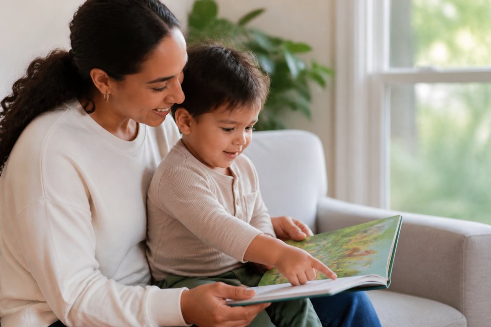 Young child sitting on parent's lap engaged with an interactive activity book, pointing at colorful illustrations while the parent watches encouragingly, bright natural window light illuminating the pages