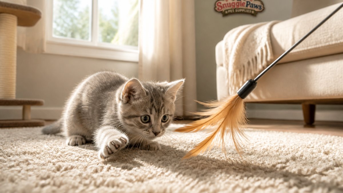 A small gray kitten crouched low on a living room rug, one paw raised toward a feather toy held just above the carpet, soft afternoon light from a window behind it