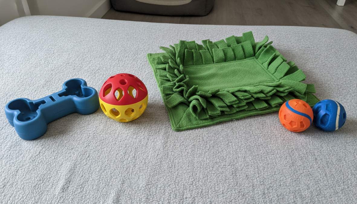 Assorted dog toys including puzzle games, treat dispensers, snuffle mats, and fetch balls arranged on a neutral surface showing variety of textures and sizes