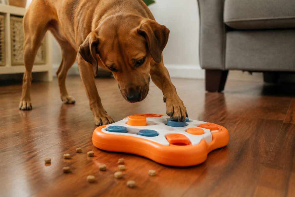 A happy medium-sized brown dog pawing at a colorful orange treat-dispensing puzzle toy on a hardwood floor, small treats scattered nearby, warm indoor lighting