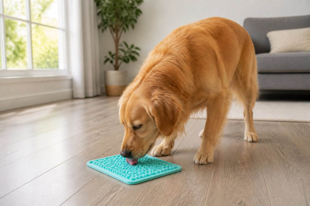 A golden retriever alone in a bright living room, contentedly licking a textured silicone mat placed on a light wood floor, natural morning light coming through a large window