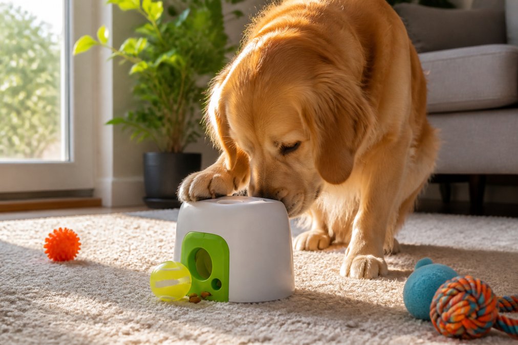 A golden retriever intently focused on a puzzle toy placed on a light gray living room rug, sunlight streaming through a window, with toys scattered nearby showing active engagement