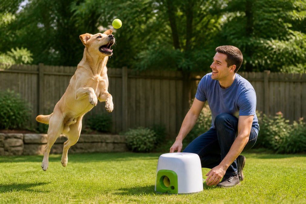 A young Labrador Retriever and an adult owner playing together outdoors in a sunny backyard with an interactive toy in motion, the dog leaping to catch it with focused attention and joy