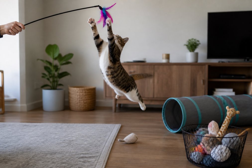 A cat leaping to catch a feather wand, one of the best interactive toys for indoor cats, in a bright living room.