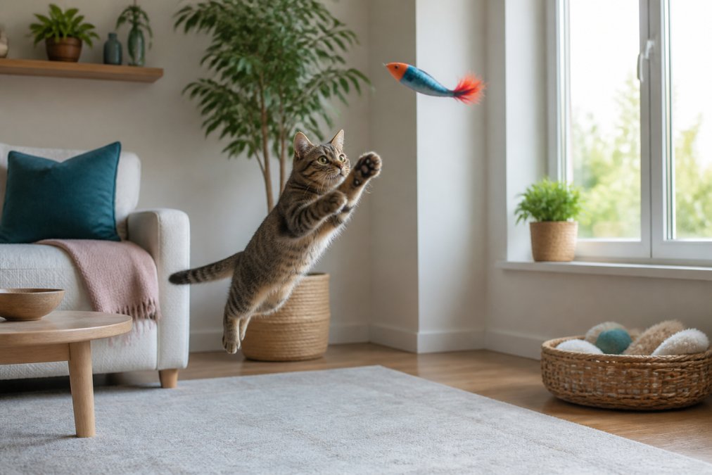 A curious tabby cat leaping toward a colorful flying fish toy gliding through the air in a bright, modern living room with natural light streaming from a nearby window
