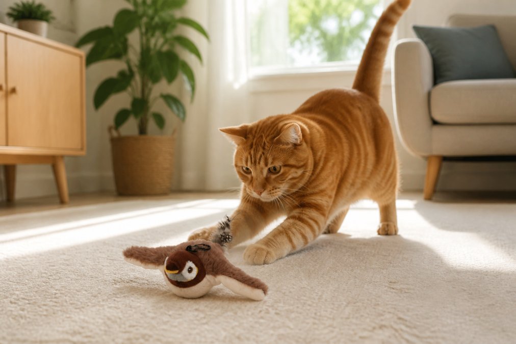 An orange tabby cat actively pouncing and playing with the Flapping Bird Cat Toy in a bright living room, showing engaged hunting behavior with sunlight streaming through windows