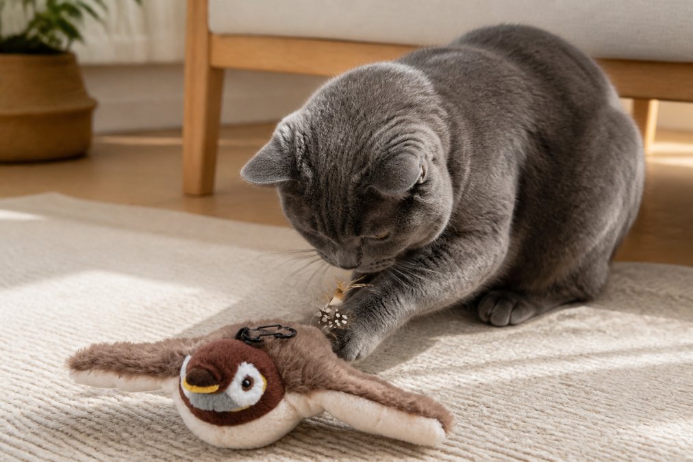 A gray cat concentrating intently on solving a puzzle feeder toy with visible treats, demonstrating focused mental stimulation and natural foraging behavior in home lighting
