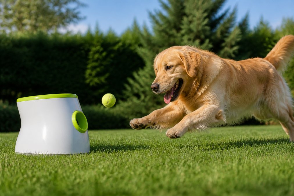A golden retriever actively playing with an automatic ball launcher outdoors on a sunny day, showing intense focus and joy as it chases and retrieves the tennis ball