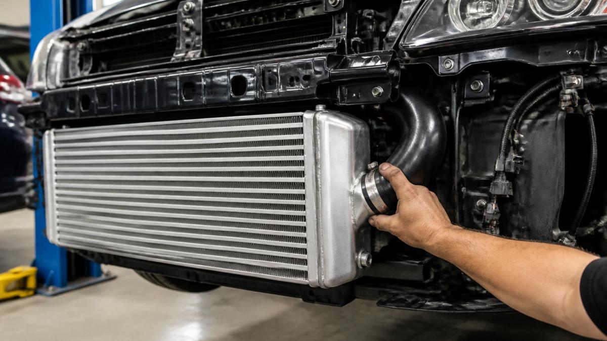 Diagram illustrating how front-mount intercooler airflow prevents thermal heat soak during engine operation.
