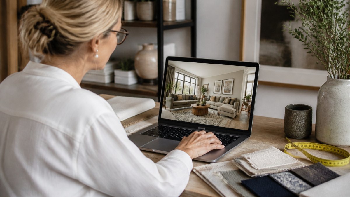 Homeowner using a laptop for 3D room planning with fabric swatches and a measuring tape on their desk