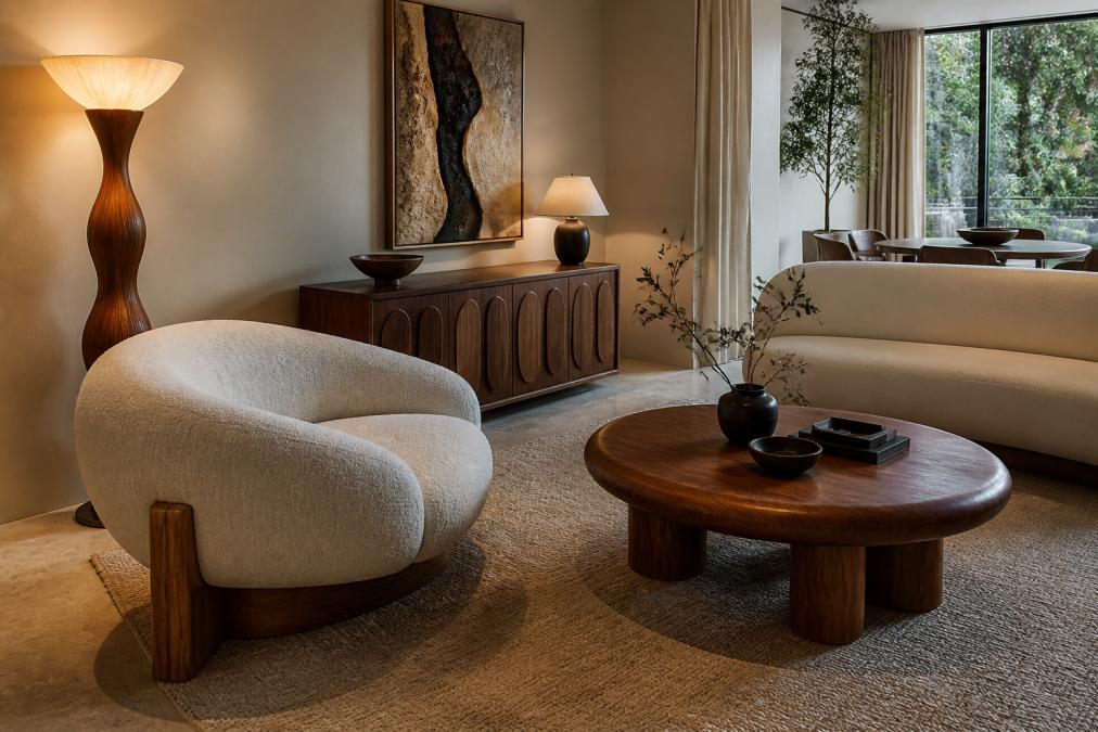 Modern living room with sculptural furniture pieces in warm wood tones, statement floor lamp with ambient uplighting, and layered textures creating an elevated interior space