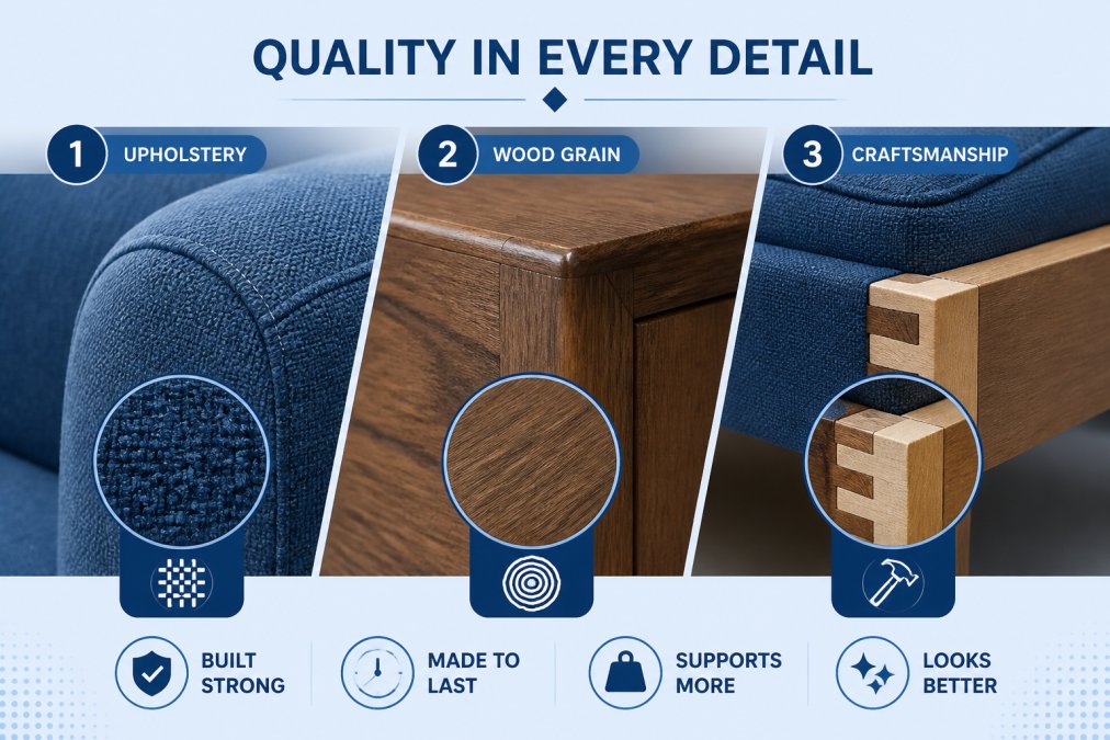 Close-up of furniture material textures showing upholstery detail, wood grain, and craftsmanship demonstrating quality construction and durability