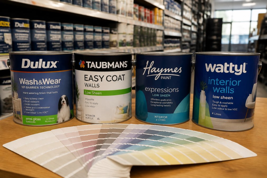 Close-up of several paint tins from Dulux, Taubmans, Haymes, and Wattyl lined up on a timber shelf in a bright hardware store aisle, with fanned colour swatches spread in front of them