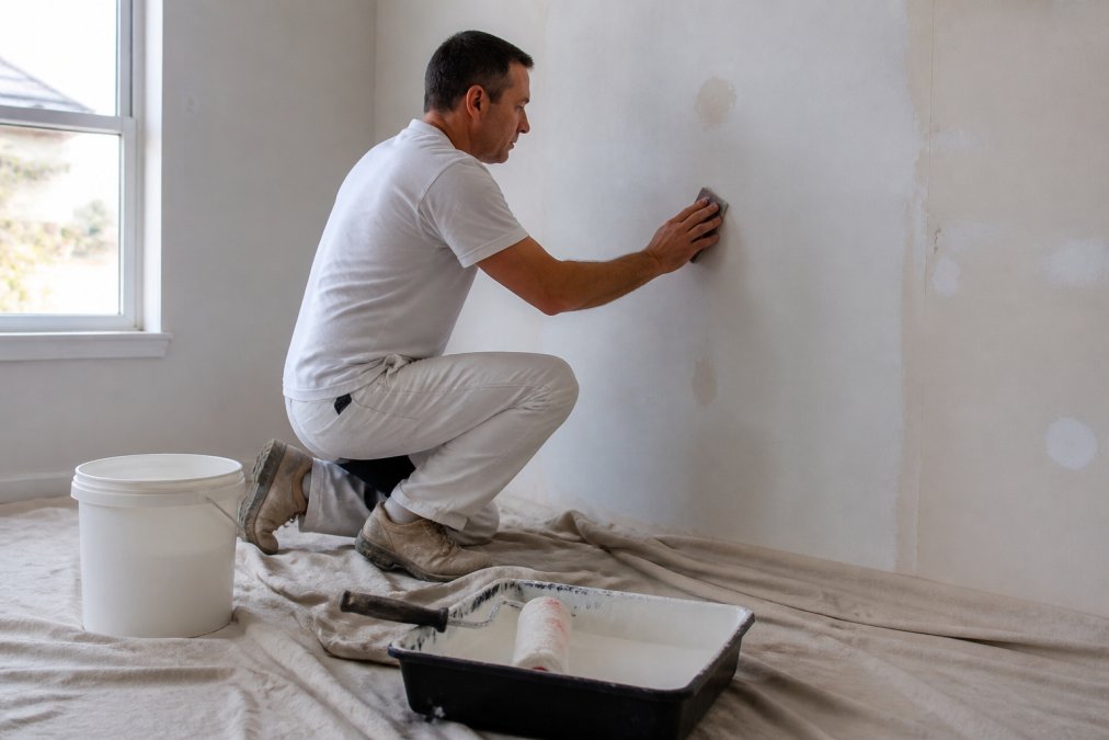 A professional painter in work clothes carefully sanding a plaster wall with fine-grit sandpaper, drop sheets laid across the floor and a tray of primer visible nearby in a well-lit interior room