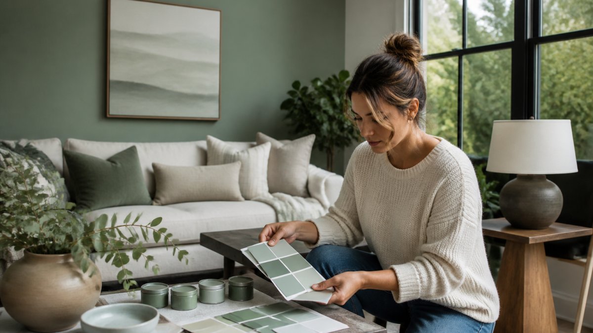 Modern living room with soft sage green accent wall, layered with warm neutral furnishings, natural light from large windows highlighting the paint depth and color undertones