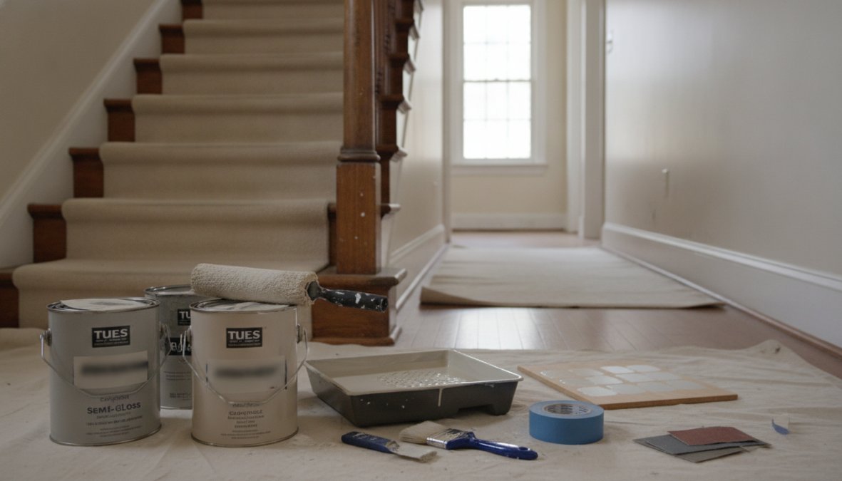 A professional painter in work clothes applying paint with a roller to a stairway wall in a bright residential home, with paint cans, a tray, and drop cloths visible on the stairs below